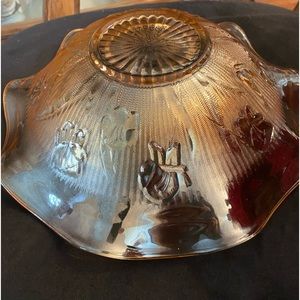 Vintage iridescent glass iris and herringbone bowl.